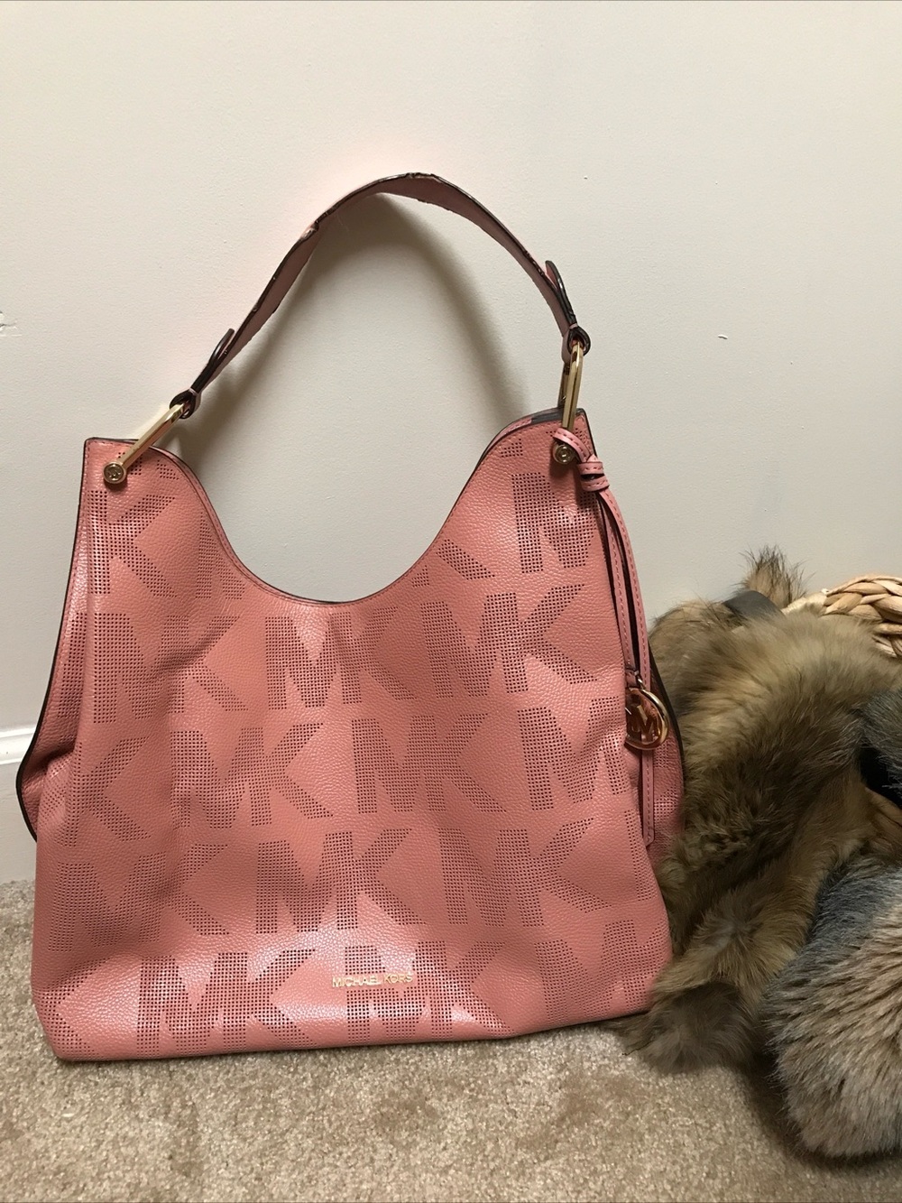 Michael Kors Rose Pink Perforated MK Hobo Shoulder Bag